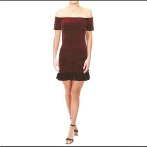 ✨NWT✨ Aqua Bloomingdale’s Off-Shoulder Bodycon Burgundy Frill Ruched Dress, S